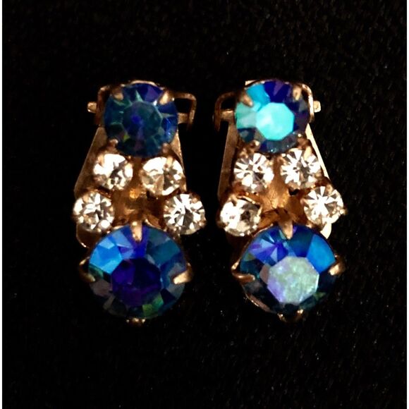 Vintage Aurora Borealis Iridescent Blue Crystal Clip-on Earrings, 50's Era - Picture 1 of 11